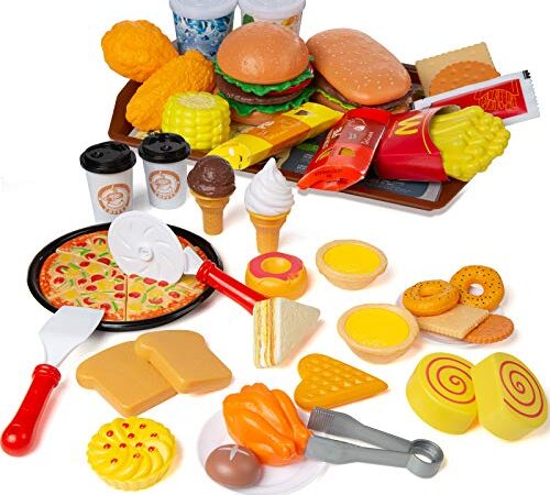 Czemo 56 Pièces Jouet Dinette Cuisine Enfant Jeu d'Imitation Hamburgers Pizza Jouet Aliment de Cuisine Dinette Enfant, Hamburgers et Hotdogs, Plateau