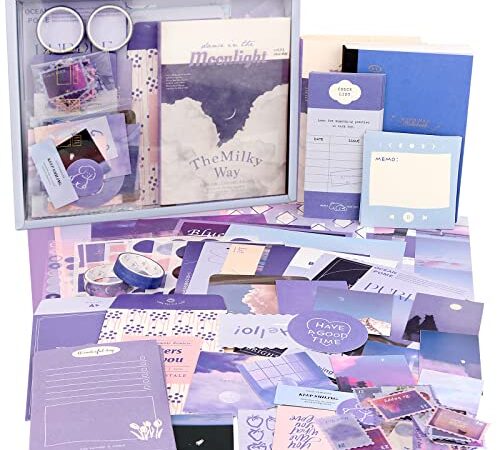 Draupnir Kit d'accessoires de Scrapbooking de 351 Pièces, Violet Esthétique Bullet Journal Scrapbook Kit avec A6 Grille Carnet, DIY Cadeau de Scrapbooking pour Adolescentes - Clair de Lune