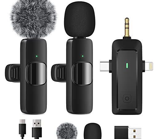 HMKCH Microphone Cravate sans Fil pour iPhone/Téléphone Android/Caméra/Ordinateur Portable, Micro Professionnel à Double Revers avec Prise Lightning/USB-C/3,5 mm/USB pour Enregistrement vidéo, Vlog