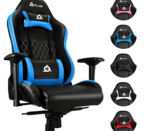 KLIM Esports Chaise Gaming - Nouveauté 2023 - Simili Cuir et Matériaux Premium Haute Qualité - Chaise Gamer inclinable - Ergonomique avec Coussin Lombaire et Cervical - Fauteuil Gamer - Bleu