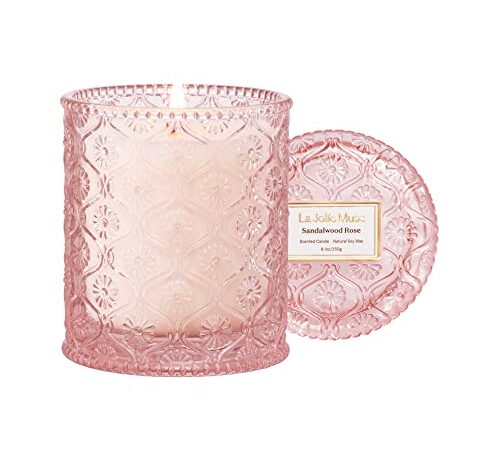 LA JOLIE MUSE Bougie Parfumées au Bois de Santal et à la Rose, Cadeau de Bougie pour Femmes Bougies Parfumées pour la Maison de 55 Heures de Combustion 230g;