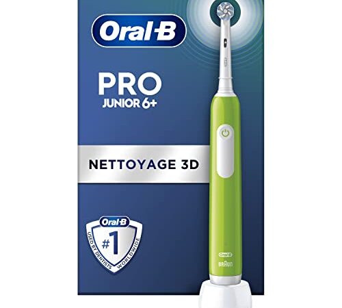 Oral-B Pro Junior Brosse à Dents Électrique Enfant, Vert, 1 Brossette Brossage Doux, Minuteur et Vibrations, Batterie Rechargeable, 6 Ans et Plus