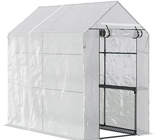 Outsunny Serre de Jardin 2 tablettes dim. 1,86L x 1,2l x 1,9H m Porte déroulante Acier PE Haute densité 140 g/m² Transparent Blanc