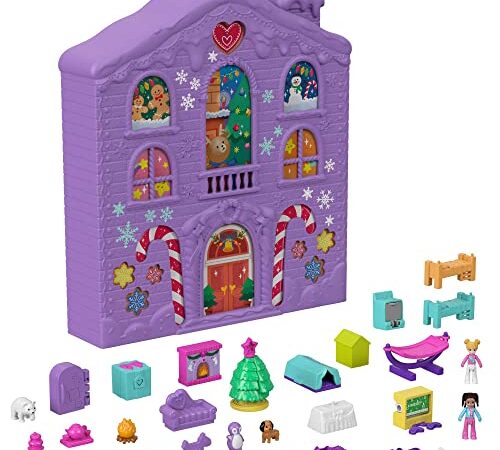 Polly Pocket Calendrier de l’Avent Chalet d’hiver, 4 étages avec 8 pièces, 25 surprises à découvrir (dont mini-figurines Polly et Shani), Jouet Enfant, Dès 4 ans, HHX84