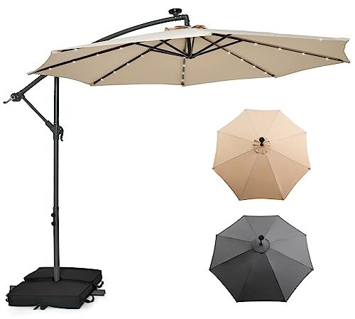 RELAX4LIFE Parasol Déporté 3x3M LED à Énergie Solaire, Parasol de Jardin Extérieur avec Pied Incus, Parasol Inclinable Imperméable à 8 Baleines, Protection UV pour Terrasse Patio Plage (Beige)