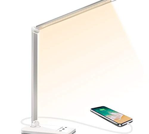 SLATOR Lampe de Bureau LED, Dimmable 5 Modes de Couleur 10 Niveaux de Luminosité, Flexible Contrôle Tactile Protection des Yeux,Lampe de chevet Avec Port USB et Fonction Minuterie