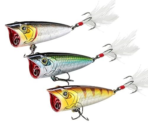 Topwater Popper Lot de 3 leurres de pêche avec hameçons triples en plumes, maquereau, brochet et thon, 60 mm [B]