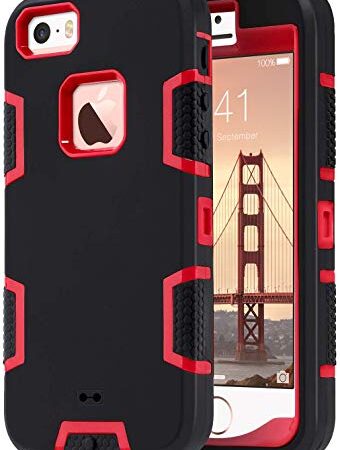 ULAK Coque iPhone SE, iPhone 5S Coque Housse Étui Hybride 3 en 1 Silicone et PC Rigide Antichocs Dur Protection Coque pour iPhone 5/5S/SE, Rouge+Noir