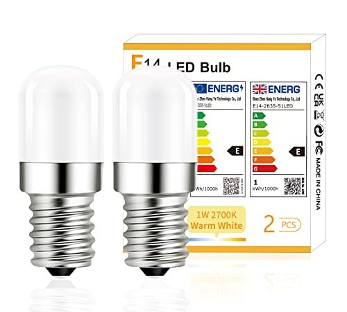 YzzYzz Ampoule LED E14,E14 LED pour Réfrigérateur,Blanc Chaud 2700K,1W équivalent à 15W,120 lumens E14 Lampe LED pour Frigo,Non variable, Lampe de Sel, Machine a Coudre,2 pièces