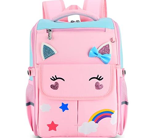 Achort Cartable Fille Chat Sac à Dos Enfant Nylon Fermeture éclair Imperméable Léger Sports Ecole Voyage Étanche pour École Enfant, Cadeau Anniversaire Christmas