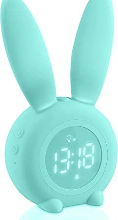 Aoreun Réveil Enfant, Réveil lumineux pour enfants, Réveil Lapin Mignon, Lampe chevet fonction snooze, Affichage Automatique Temps/Date/Température, veilleuse, cadeau fête pour garçon Filles - Vert