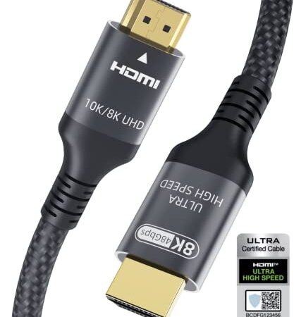 Certifié Câble HDMI 2.1 8K 2m, 48Gbps Ultra Haute Vitesse Câble HDMI 4K 144Hz 120Hz 8K 60Hz 4:4:4 eARC DTS:X Dolby Atmos Dynamic HDR HDCP2.3 Compatible avec MacBook Pro 2021 Gaming PC OLED TV Roku