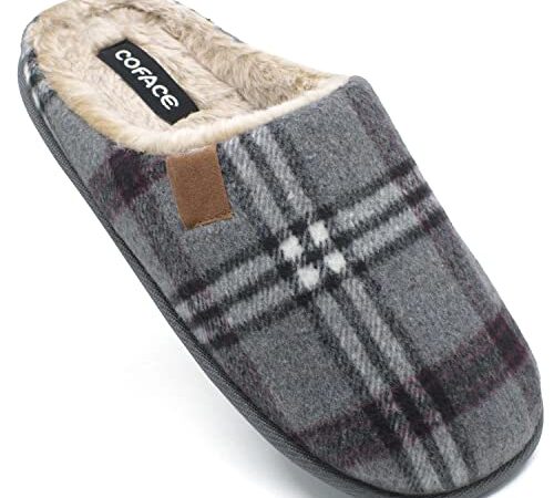 COFACE Chaussons Homme Pantoufles à Carreaux Hiver Chaussures Chaudes pour La Maison en Mousse à Mémoire de Forme, Laine en Peluche Doublée avec Semelle en Caoutchouc Antidérapante Taille 43 Gris