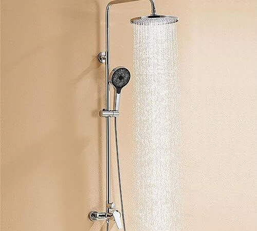 Colonne de Douche, Auralum Colonne de Douche avec Mitigeur Hauteur Réglable, Mitigeur Baignoire avec Tête de Douche 26 * 26cm et Pommeau à main 3 Jets pour Salle de Bain