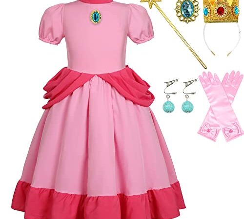 Coseaon Peach Princesse Déguisement pour Enfant Filles Peach Cosplay Costume Set Princesse Peach Robe Rose avec Gants Couronne Accessoire pour Halloween Carnaval 4-15 ans (130 (7-8 ans))