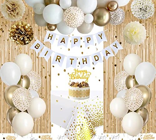 Decoration Anniversaire Femme Fille, Blanc Or Ballons Anniversaire Décorations Femme, Arche Ballon Blanc Or Anniversaire, Banderole Joyeux Anniversaire, Deco Table Anniversaire pour 18 21 30 40 50