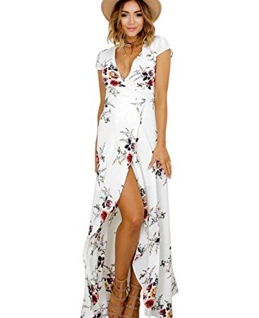 Femmes Bohème Longue Maxi Robe de Plage Robes Bustier Été Floral Imprimé 3/4 Manche Robe Col Badeau Taille Grande (Blanc-1, S)