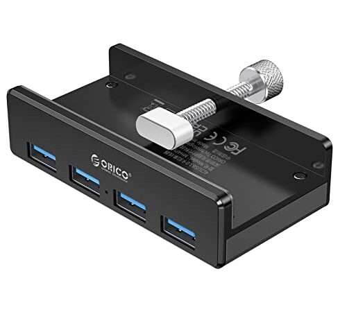 Hub USB 3.0 4 Ports ORICO, Hubs USB Type de Clip 5 Gbps Mini Data Hub Aluminium Multi USB avec Câble 150 cm (A à A, Blanc) pour Moniteurs, Table (sans Connecteur D'adaptateur Secteur) -Noir