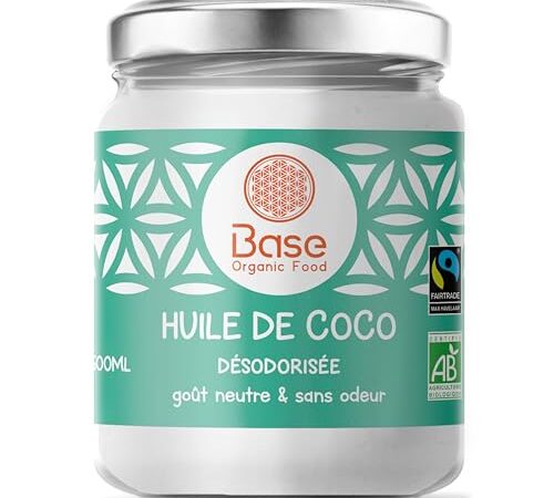 Huile de Coco BIO 500ml Désodorisée | Vegan | Sans OGM | BIO & Équitable | Huile de coco Cheveux, Soin de Beauté | IDÉAL cuisson, Curry, Cuisine Asiatique | Origine Sri-Lanka | BASE ORGANIC FOOD