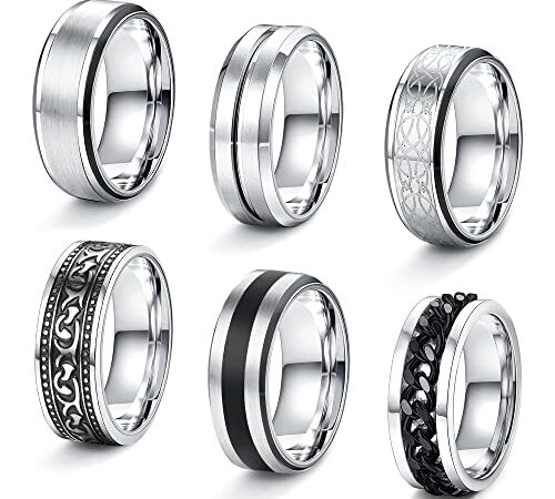 JeweBella 6 PCS Bague Hommes Acier Inoxydable Bague Noir Tournante Chaîne Rock Bague Noeud Celtique Vintage Bague Biker Ensemble de Bagues Gothique Mat Poli Mariage Promise Bande Anneau Taille 54-70