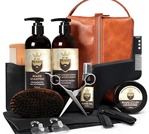 Kit Barbe pour Homme Coffret Barbe Soin Barbe Homme Produit Barbe Shampoing Barbe 300ml Huile Croissance Barbe Conditionneur de Barbe 300ml Brosse Peigne Moustache Ciseaux -Coffret Cadeau Homme