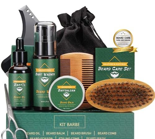 Kit Soins Barbe pour Hommes avec Shampoing, Huile, Crèmes de Barbe, Brosse à Barbe, Ciseaux, Kit Entretien, Coffret Cadeaux