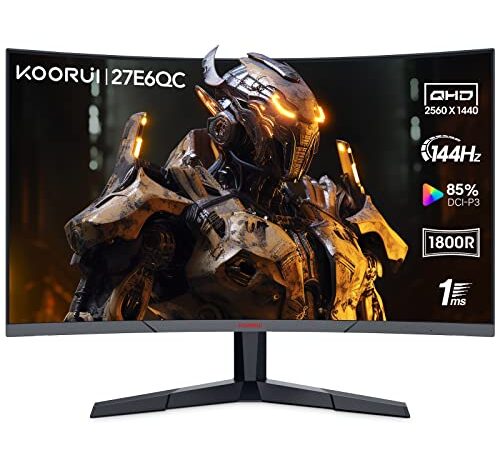 KOORUI 27'' Ecran PC Gaming Incurvé 1800R, Moniteur PC Dalle VA, Résolution WQHD (2560X1440), 144HZ,1MS, DCI-P3 85%, Lunette Ultra-Mince, Inclinaison réglable, Prend en Charge HDMI/DP