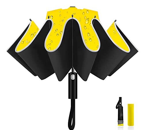 LAMA Parapluie Pliant 105cm Automatique Ouverture Pliable et Fermeture Résistant au Vent Parapluie de Voyage avec bandes réfléchissantes 10 nervures en fibre de verre renforcée Anti-UV Jaune