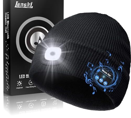 Lenski Idee Cadeau Homme Original Utile, Idee Cadeau Noel Original, LED Bonnet Bluetooth Homme, Bonnet Homme/Femme, Cadeau Papa, Cadeau Anniversaire Homme Original, Cadeau Homme Noel, pour du Sport