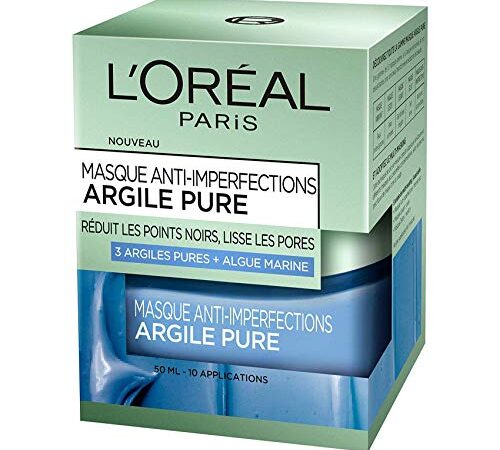 L'Oréal Paris - Masque Argile Visage Anti-Imperfections & Anti Points Noirs - Lisse les pores - Apaisant & Purifiant - Aux 3 Argiles Pures & Extraits d'Algue Marine - Tous Types de Peaux - 50 ml