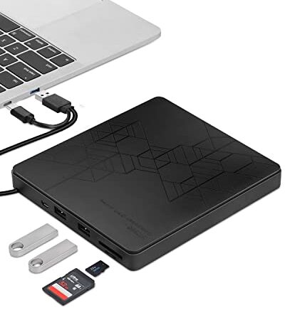 Maxesla Lecteur DVD Externe USB 3.0 de TypeC avec Lecteur de Carte SD TF et Port clé USB, DVD 8X CD24X Super Rapide Vitesse, Graveur de CD pour Windows 11, Ordinateur Portable, PC, Mac