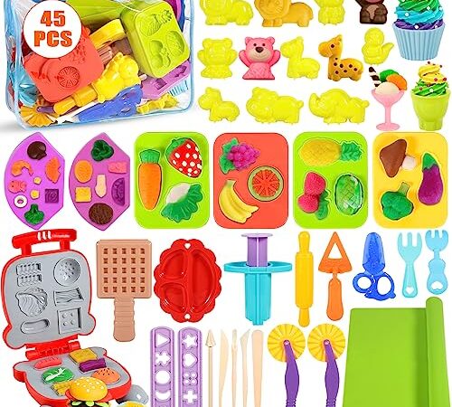 VIPNAJI 45 pièces Pâte À Modeler pour Enfants, Accessoires pour Créer des Hamburgers et des Pizza, Pâtes, Outils de Pâte À Modeler, avec Sac de Rangement