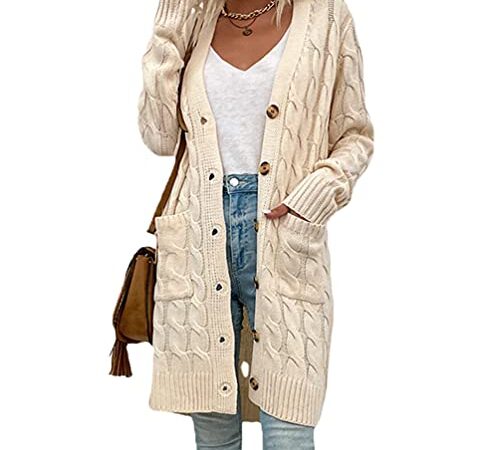 Xinwcang Cardigan Câble Tricoté Femme, Gilet Long en Tricot à Manches Longue Pull avec Poches, Col V Chandail Manteau - Blanc,L