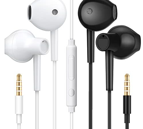 [2 Paires]MAS CARNEY WH8 Ecouteur Kit Main Libre Filaire, Oreillette et Écouteurs Ergonomique Stéréo avec Microphone, Ecouteurs Auriculaire Filaire Jack 3.5mm Universel pour Smartphones Android et PC.