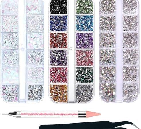 4200 Pièces Strass Ongle Nail Art, 36 Tailles Cristal AB Strass Gemmes avec Pincette Pick Up et Stylo Pointeur Strass pour Ongles/Vêtements/Visage