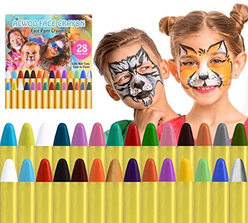 ACWOO Visage Peinture, 28 Couleurs Crayons Maquillage Artistique, Sûr, Non-Toxique, Lavable, Peinture Corporelle pour Enfants, Cosplay, Carnaval, Anniversaire, Halloween, Pâques, Noël