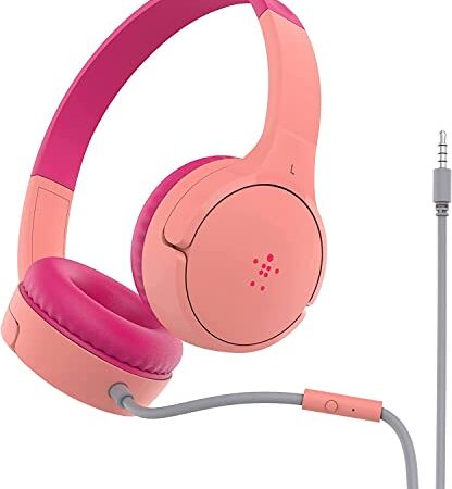 Belkin Casque audio filaire SoundForm Mini (pour enfants, circum-aural, micro intégré, pour apprentissage en ligne, école, voyage, jeu, pour appareils dotés d'un port audio 3,5 mm, rose)