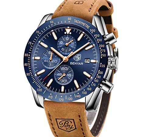 BENYAR Montre Homme chronographe pour Homme Mouvement à Quartz Bracelet en Cuir Montre de Sport d'affaires de Mode 30M étanche et Anti-Rayures Cadeau élégant