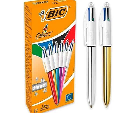 BIC 4 Couleurs Shine Stylos-Bille Rétractables Pointe Moyenne (1,0 mm) - Corps Assortis Métallisés, Boîte de 12