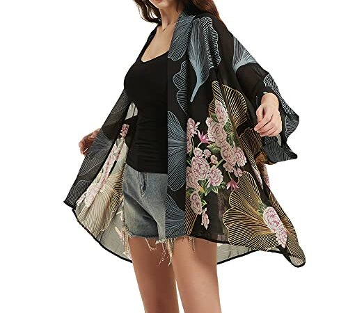 Cache-bikini kimono en mousseline de soie transparente pour femme Imprimé floral, Éventail floral, taille unique