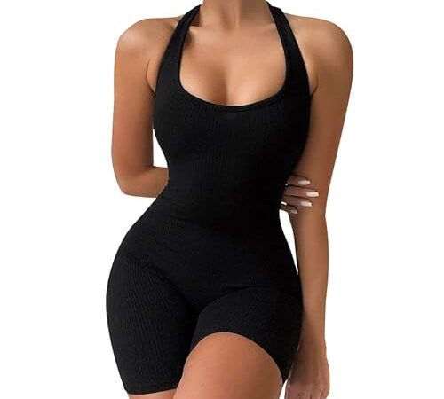 Combinaisons Courte sans Manches pour Femme Sexy Une Pièce Moulante Combishort Débardeur d'Été Barboteuses pour Entraînement Décontracté Yoga Fitness Gym Jumpsuit