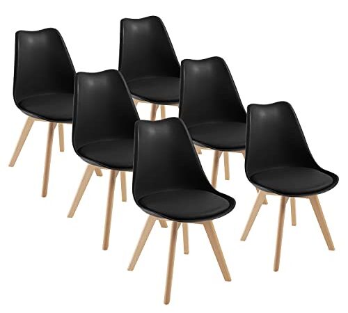 DEWINNER Chaises de Salle à Manger scandinave Lot de 6, Chaise de Bureau rétro, Assise rembourrée en hêtre Massif (Black, Lot de 6)