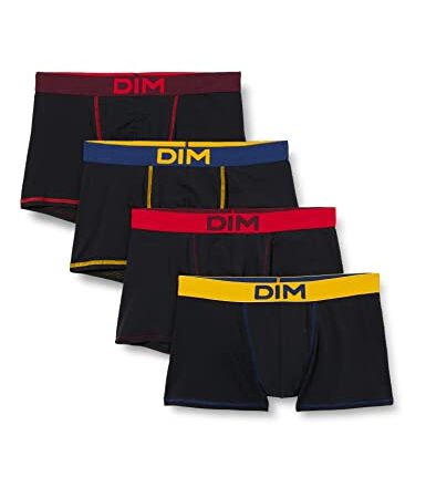 Dim Boxer Mix and Colors Coton Stretch Homme x4, Noir Ct Jaune Safran / Noir Ct Bleu Marin / Noir Ct Rouge Baie / Noir Ct Aubergine Foncé, 4 /6 EU