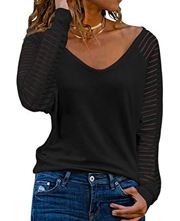 Dokotoo Femme T-Shirt à Manches Longues Rayures Mesh Pull Casual Col en V Haut Tops Chemisier Noir Large