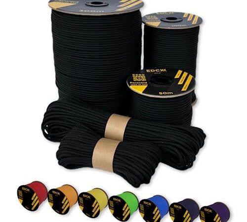 EdcX Paracord 4 mm, 35+ Couleurs Unies (15 m, 30 m, 50 m, 100 m, 300 m) | Idéal pour l'artisanat, Le Camping, la Survie | Corde 100% Nylon 4 mm | Cordon Tactique 550 Type III (Black, 15 m)