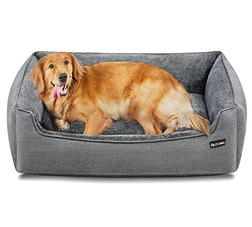 FEANDREA Panier pour Chiens, Lit pour Animaux, Canapé, en Tissu Façon Lin, Bords Rehaussés, Antiglisse, Housse Amovible Lavable, Taille XL pour Grands Chiens, 110 x 75 x 27 cm, Gris Clair PGW12GG