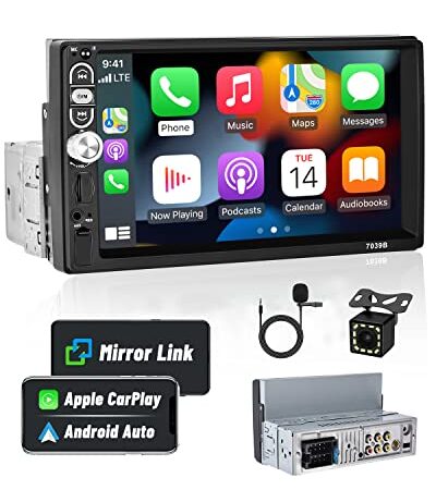 Hikity Autoradio 1 Din avec Apple CarPlay et Android Auto Autoradio Bluetooth 5.1 à 7" écran Tactile HD Soutien Lien Miroir pour iOS/Android EQ USB SWC + Microphone Externe + Caméra de Recul