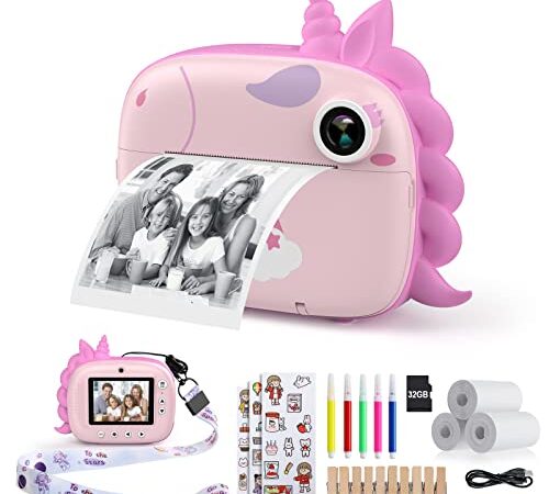 HiMont Appareil Photo Numérique Instantané,avec Papier d'impression & Carte TF 32G, Caméra Vidéo avec Stylos Colorés pour Le Bricolage, Cadeau pour Filles Garçons de 3-14 Ans