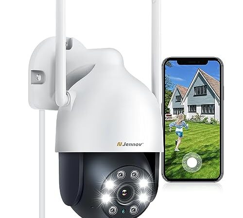 Jennov Caméra Surveillance WiFi Extérieure sans Fil, 2K Caméra de Sécurité Extérieure Pan/Tilt Vue à 360° avec Vision Nocturne, Détection de Mouvement, Suivi Automatique, 24/7 Enregistrement