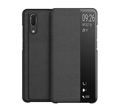 KANSi Coque Compatible pour Huawei P20, Smart View Flip Faux Cuir Coque + Protection Ecran - Noir